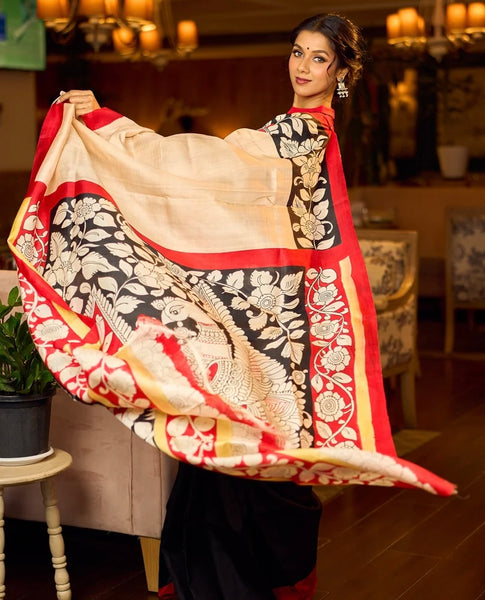 Black Pure Silk Saree with Red & Ivory Kalamkari Floral Border