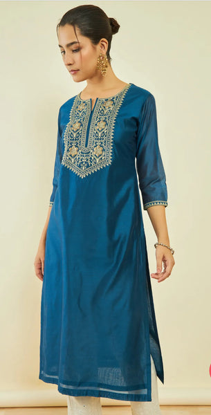 Blue Chanderi Floral Embroidered Straight Kurta with Sequin Details