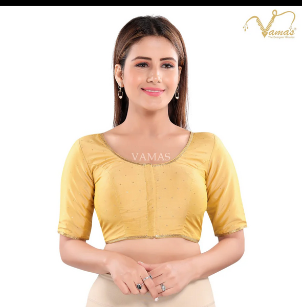 Gold Silk Padded Front Open Elbow Sleeves Readymade Blouse