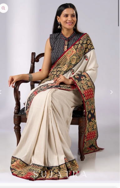 Off white cotton saree with patch work prints & hand painted motifs