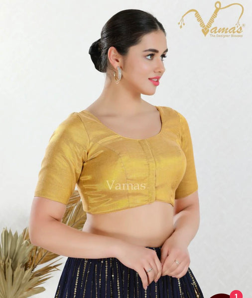 Gold Shimmer Padded Front Open Elbow Sleeves Saree Blouse