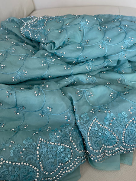 Teal Sky Blue Georgette Silk Saree with Crystals