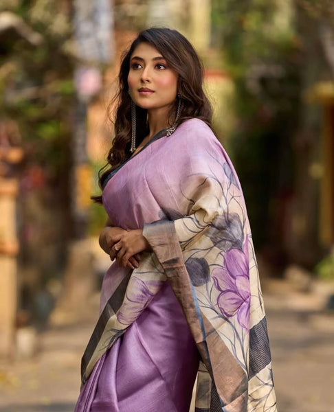 Dusty Lavender Tussar Silk Saree with Elegant Floral Print & Zari Border