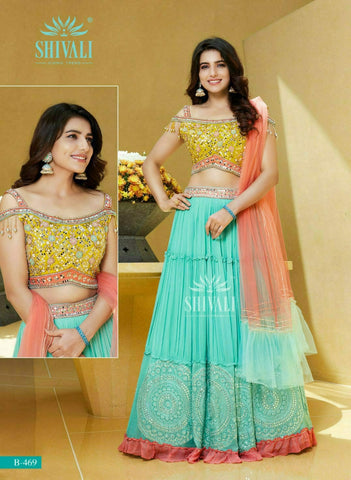 Turquoise and Yellow 3 Piece Lehenga Choli Set