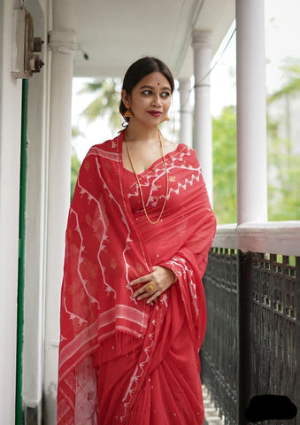 RED, GOLD, AND WHITE JAMDANI SAREE