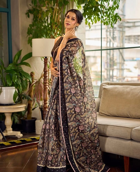 Mystic Black Kalamkari Print Chanderi Saree with Dotted Border & Pink Hem