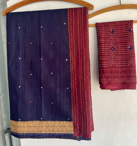 Navy Blue and Deep Maroon Soft Tussar Silk Saree with Kantha Stitch