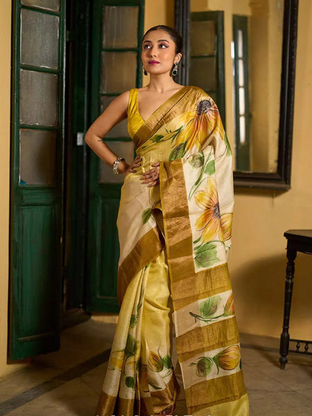 Beige Tussar Silk Saree with Floral Motifs and Zari Accents