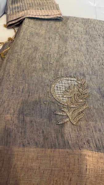 Dual Tone Grey Silver Gold Tone Tissue Linen Saree