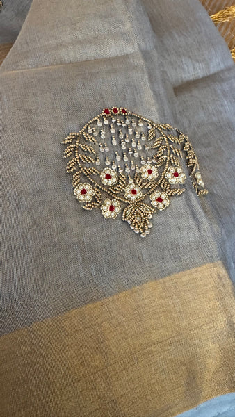 Dual Tone Grey Silver Gold Tone Tissue Linen Saree