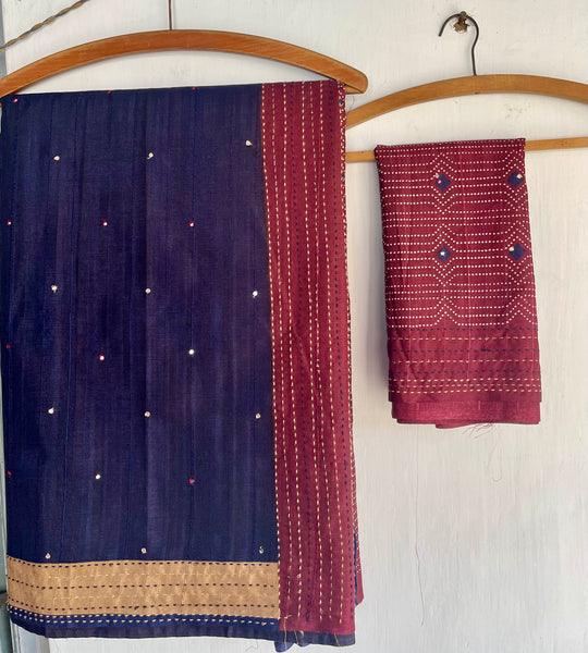Navy Blue and Deep Maroon Soft Tussar Silk Saree with Kantha Stitch