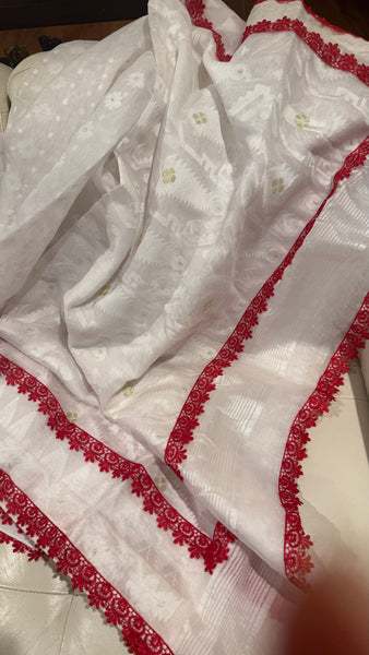 White Dhakai jamdani with Red Lace Border