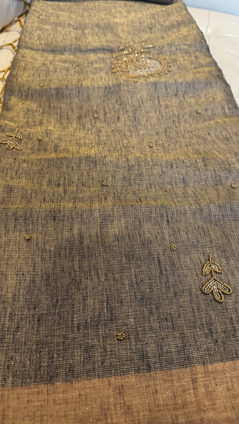 Dual Tone Grey Silver Gold Tone Tissue Linen Saree