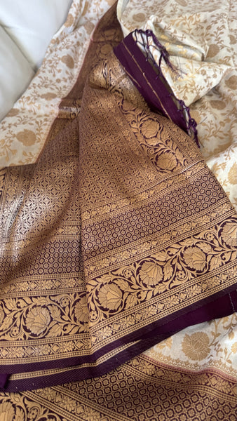 Off White Banarasi Crepe Silk Saree with Deep Purple Border
