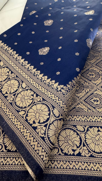 Navy Blue and Gold Pure Tussar Crepe Silk Saree