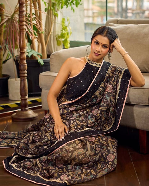 Mystic Black Kalamkari Print Chanderi Saree with Dotted Border & Pink Hem