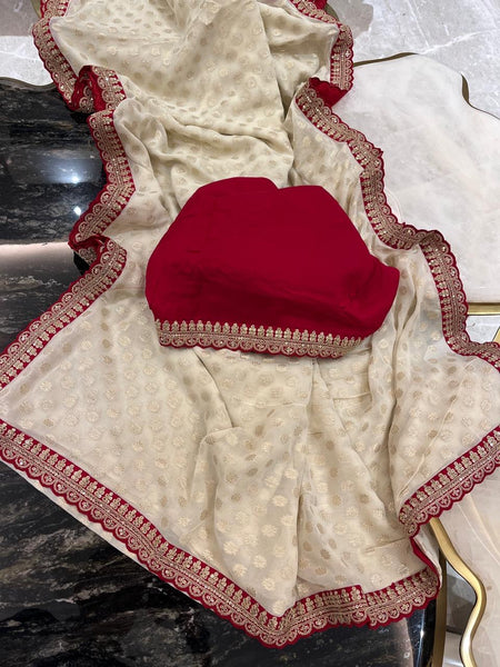 Off-White and Red Georgette Chiffon Zardosi Saree