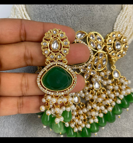 Emerald Green Pearl Kundan Choker 3 piece set
