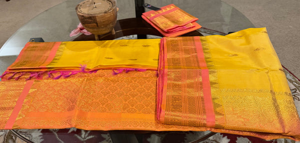 Yellow and Coral Pink Pure Silk Handloom Gadwal Saree