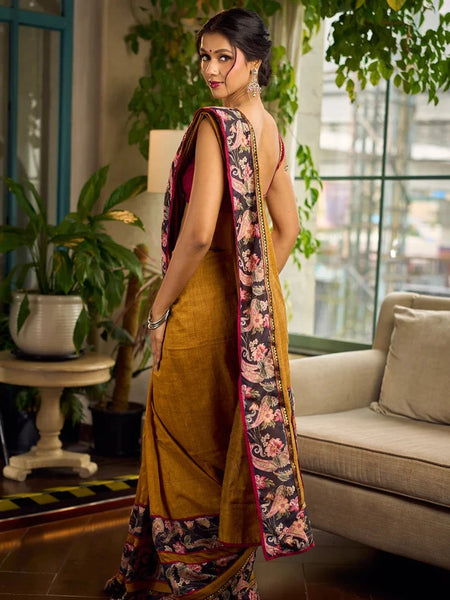 Mustard Kalamkari Print Chanderi Saree with Navy Blue Indigo Border