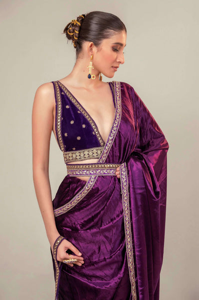 Purple Velvet Saree Embellished With Purple