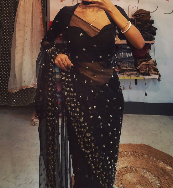 Black Net Silk Saree with Gold Embroidered Blouse