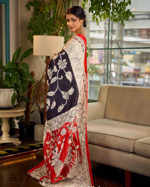 Black & White Kalamkari Pure Silk Saree with Bold Red Contrast Border