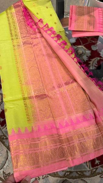 Mint Pistachio Green and Pink Pure Silk Handloom Gadwal Saree