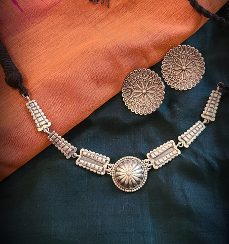 Silver Look Alike Oxidised Choker with Earrings