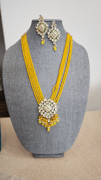 Yellow Onyx Multi Layered Kundan Long Mala Rani Haar Necklace Earrings Set
