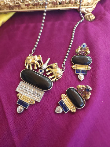 Designer Fusion SLA Dual Tone Bohemian Pachi Kundan Elephant Pendant Necklace Mala