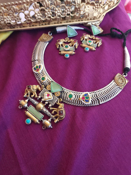 Dual 2 Tone Fusion Elephant Kundan Hasli Necklace Set