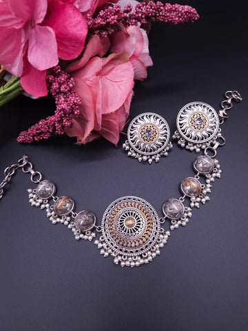 Dualtone SLA German Silver Choker and Earring Set