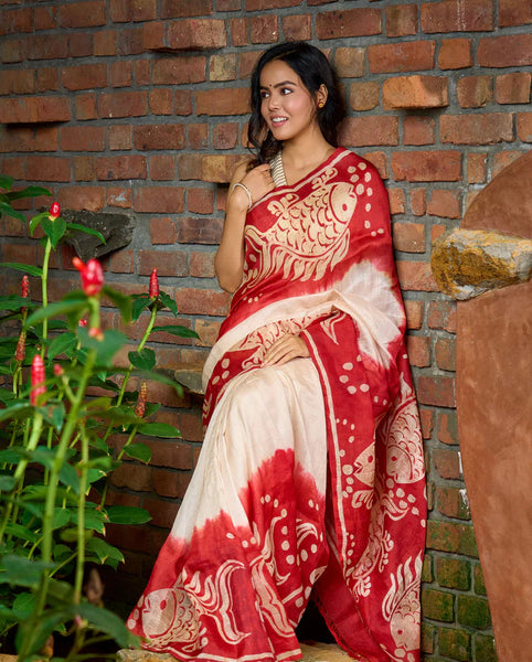 Red & Off White Batik Saree