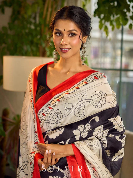 Black & White Kalamkari Pure Silk Saree with Bold Red Contrast Border