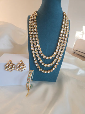 Long 3 Layered Kundan Necklace and Earring Set