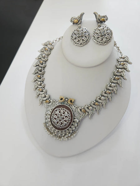 Dualtone Peacock SLA German Silver Choker and Earring Set