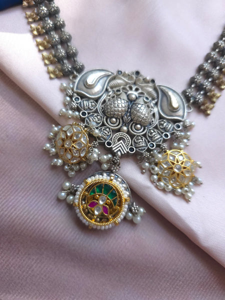 Silveralike Dualtone Brass Choker Stone Necklace and Earring Set