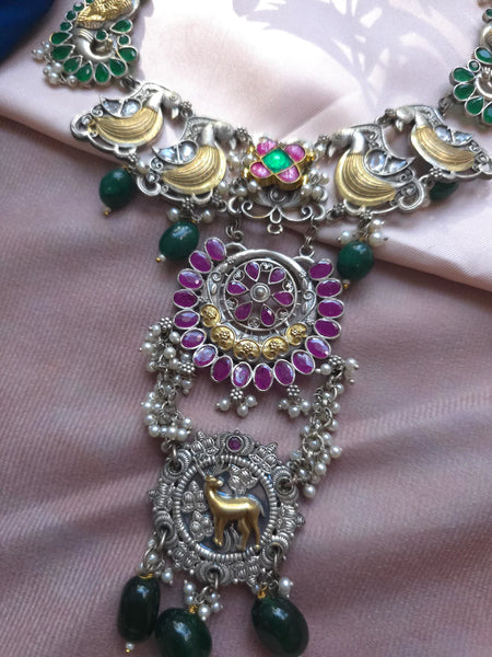 Silveralike Dualtone Brass Kundan Multicolor Green Choker Necklace Set