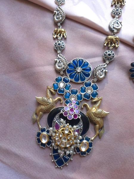 Silveralike Dualtone Brass Choker Blue Stone Necklace and Earring Set