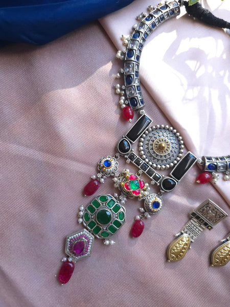 Silveralike Dualtone Multicolor Brass Choker Hasli Necklace and Earring Set