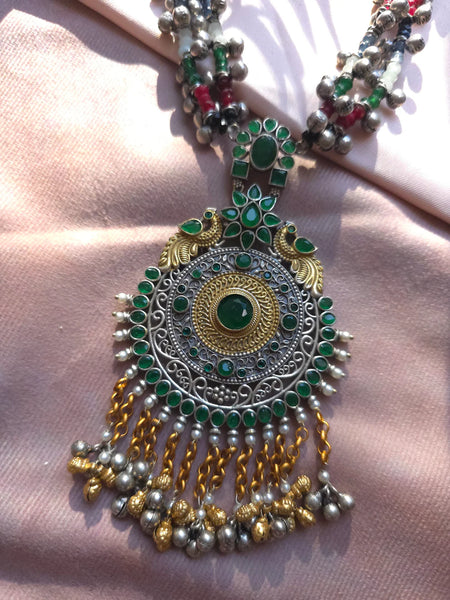 Silveralike Dualtone Brass Kundan Green Choker Necklace Set