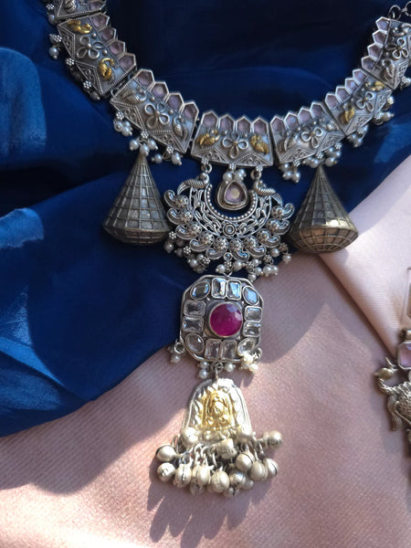 Silveralike Dualtone Brass Choker Hasli Necklace and Earring Set