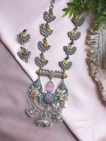 Silveralike Dualtone Brass Kundan Pink and Blue Necklace and Earring Set
