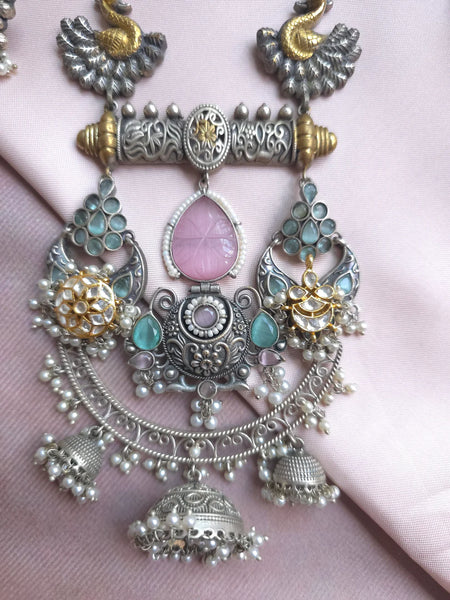 Silveralike Dualtone Brass Kundan Pink and Blue Necklace and Earring Set