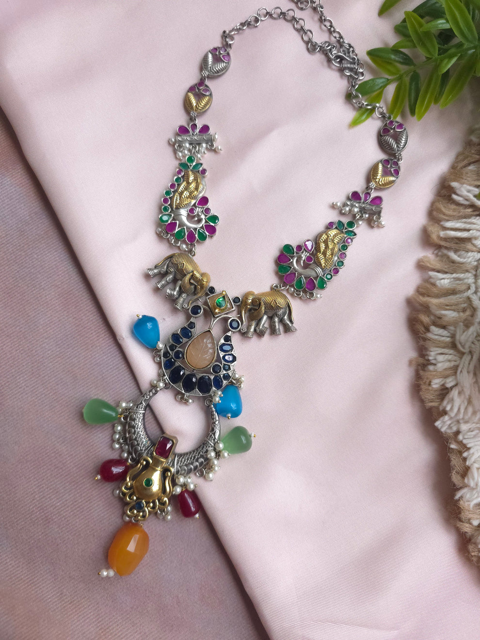 Silveralike Dualtone Brass Multicolor Necklace and Earring Set