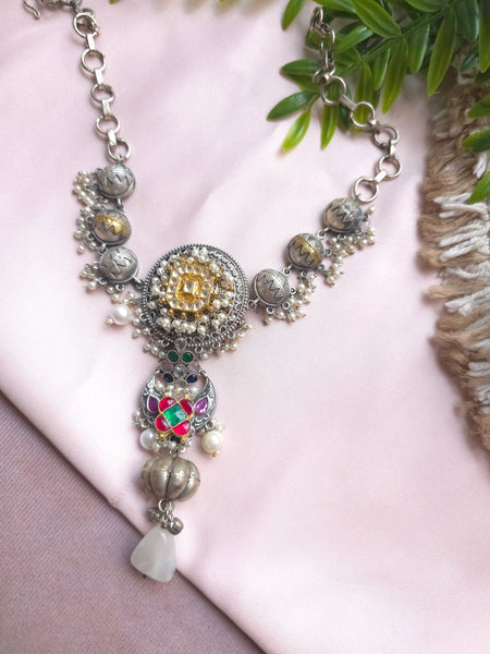 Silveralike Dualtone Brass Kundan Multicolor Necklace Set