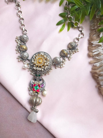 Silveralike Dualtone Brass Kundan Multicolor Necklace Set