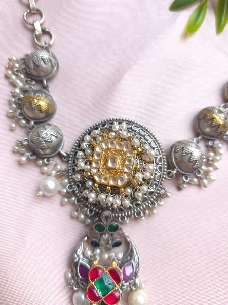 Silveralike Dualtone Brass Kundan Multicolor Necklace Set