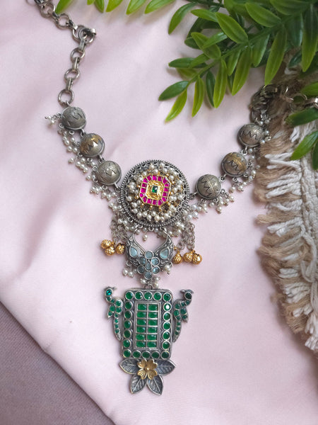 Silveralike Dualtone Brass Kundan Multicolor Green Choker Necklace Set